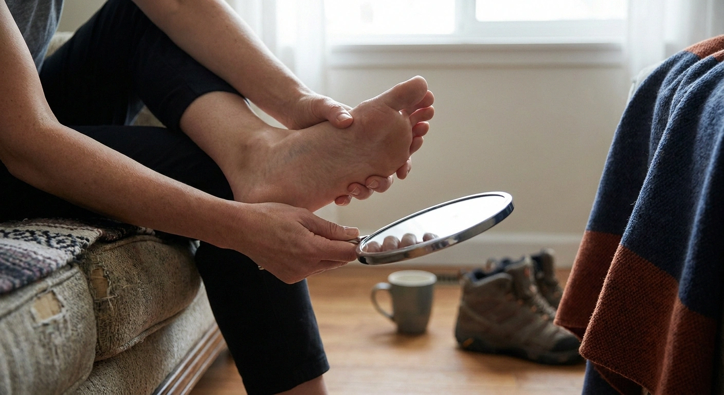 Person inspecting the bottom of their bare foot with a small handheld mirror after a hike, seated comfortably at home.