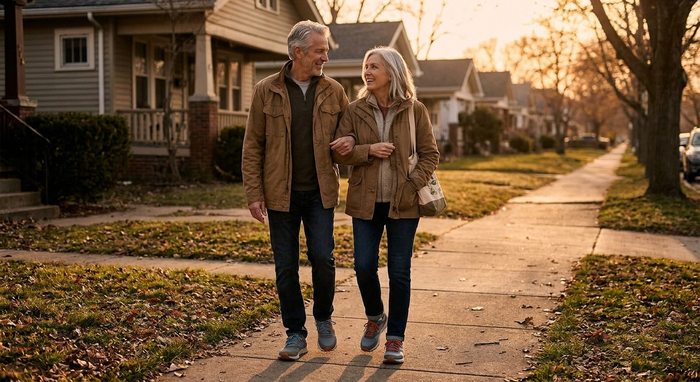 Older couple walking together on a quiet neighborhood sidewalk after a meal during golden hour evening light.