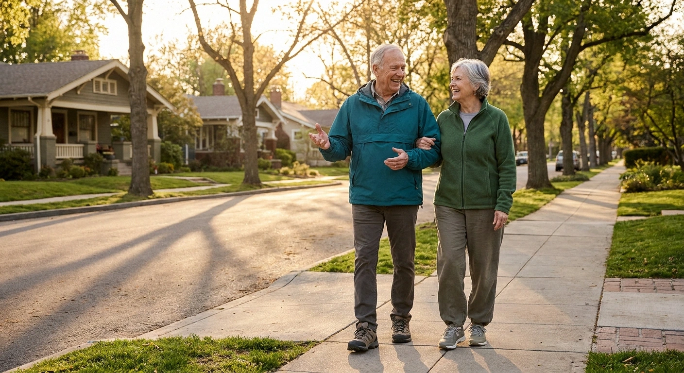 Older couple walking together on a quiet neighborhood sidewalk after dinner during golden hour.