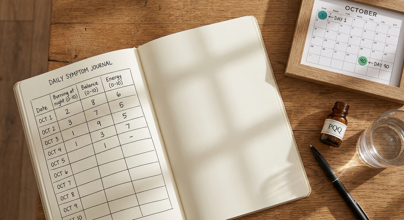 A home desk with an open symptom journal showing daily 0-10 ratings, a 90-day calendar, a glass of water, and a PQQ supplement bottle — anchoring the honest 90-day test protocol.