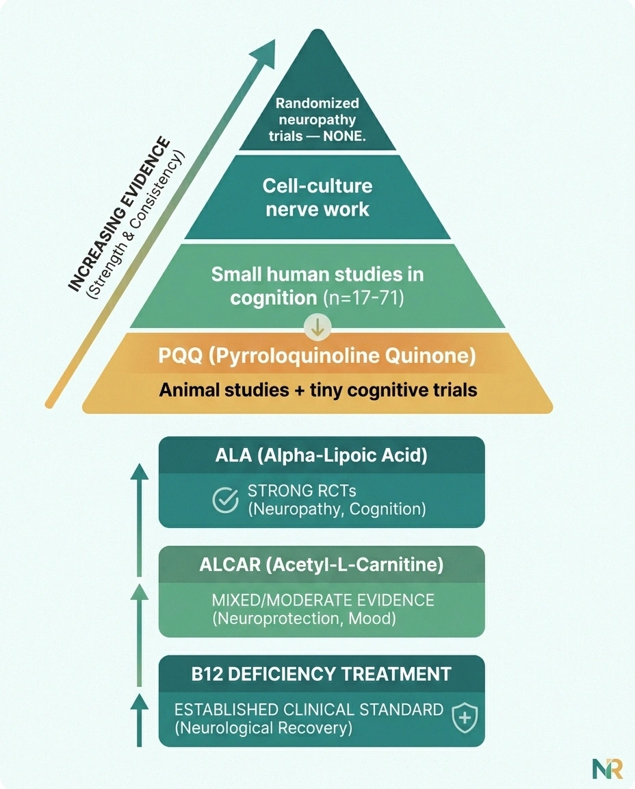 Evidence pyramid showing PQQ at base level with animal data and small human cognitive studies, no neuropathy RCTs, compared to ALA and B12 at evidence-strong tier.