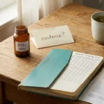 A PQQ supplement bottle, symptom-tracking notebook, magnifying glass, research abstract, kiwi slices, and green tea — anchoring an evidence-weighted look at PQQ for neuropathy.