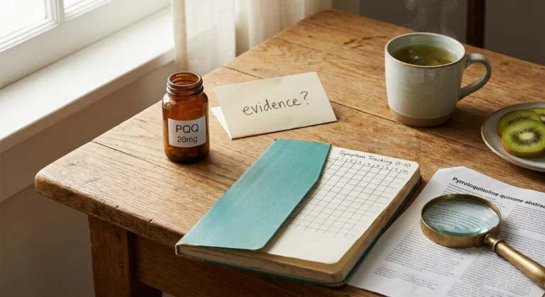 A PQQ supplement bottle, symptom-tracking notebook, magnifying glass, research abstract, kiwi slices, and green tea — anchoring an evidence-weighted look at PQQ for neuropathy.