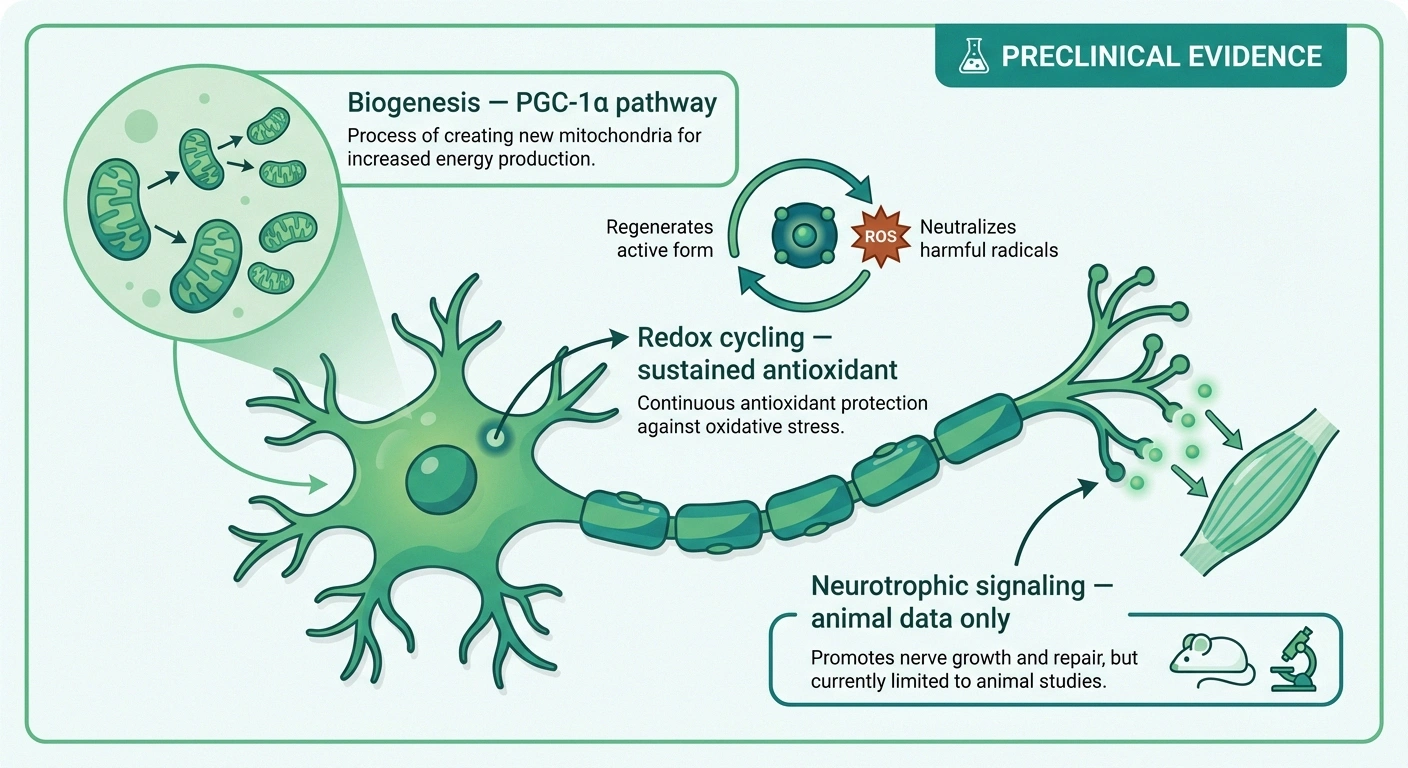 Infographic of a peripheral nerve cell showing the three proposed PQQ mechanisms: mitochondrial biogenesis, redox cycling, and neurotrophic signaling — labeled as preclinical evidence.