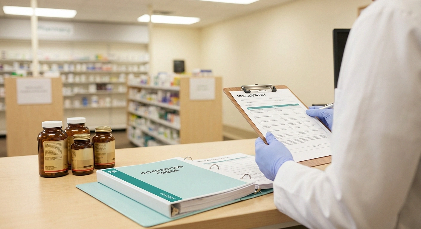 A pharmacy counter with supplement bottles, a medication list on a clipboard, and an interaction-check binder — anchoring the importance of pharmacist consultation before adding PQQ.