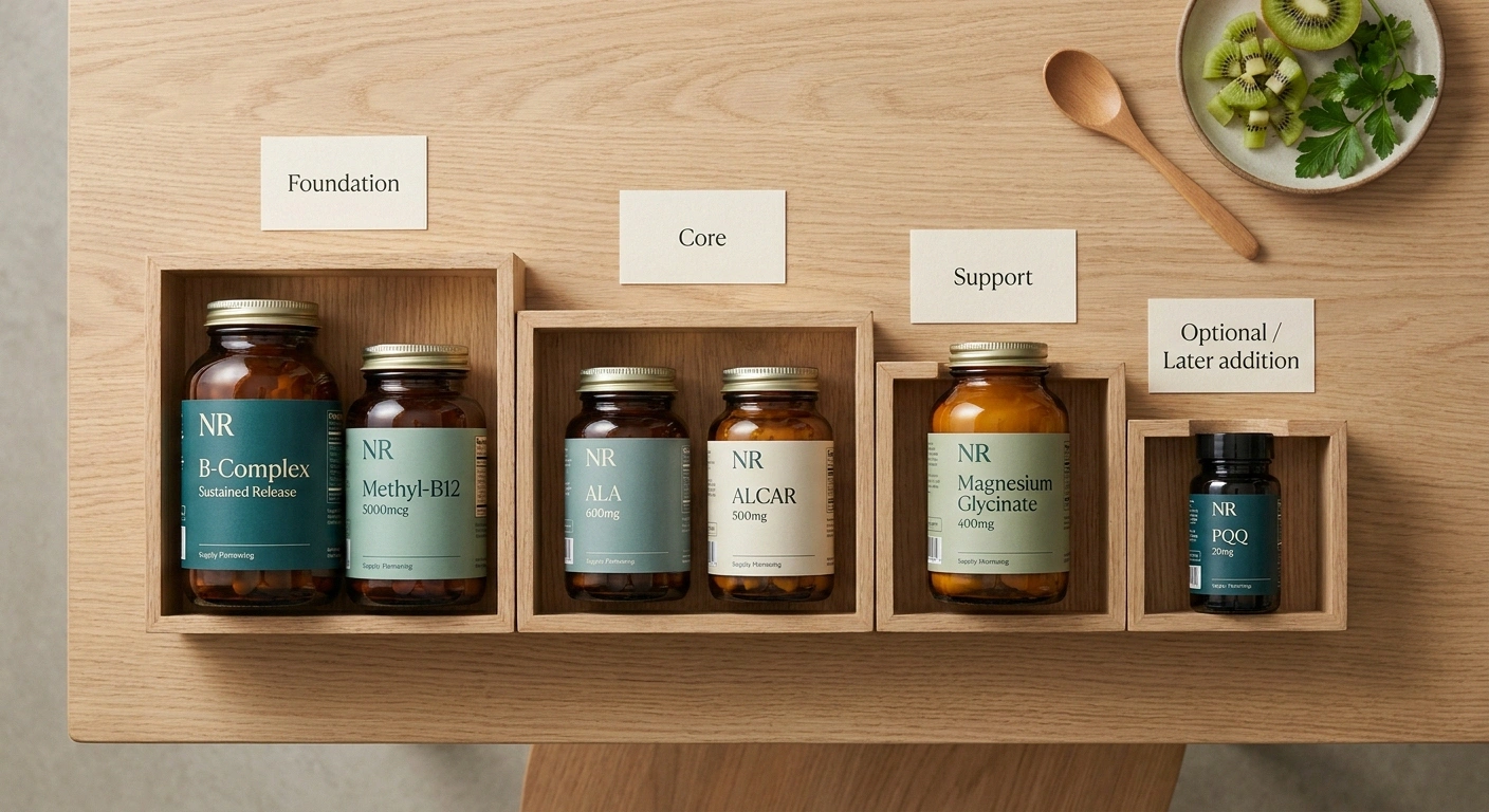 A flat-lay of neuropathy supplements arranged from foundation tier (B12, B-complex) through ALA and ALCAR to PQQ as the last, optional addition.