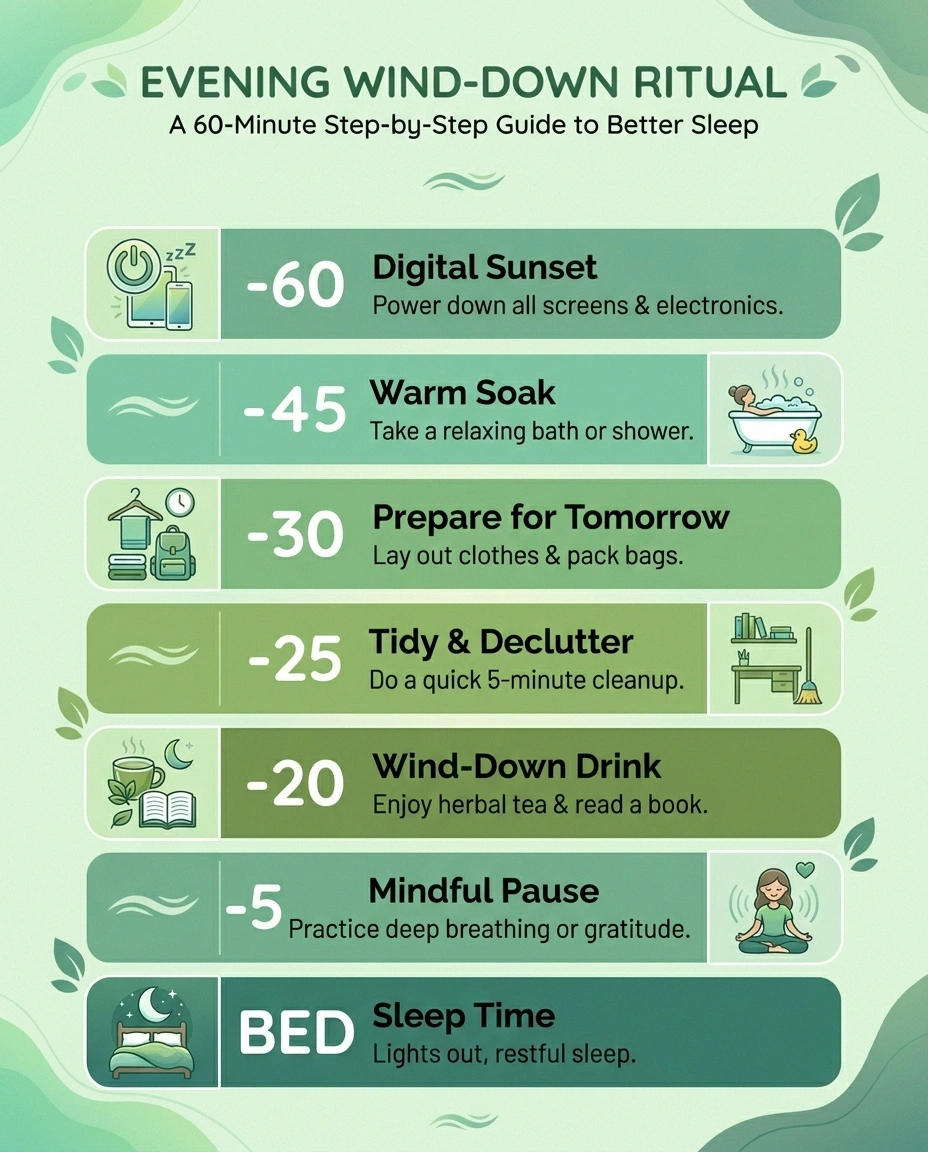 Horizontal seven-step timeline showing the 60-minute pre-bed warming routine for cold feet with neuropathy