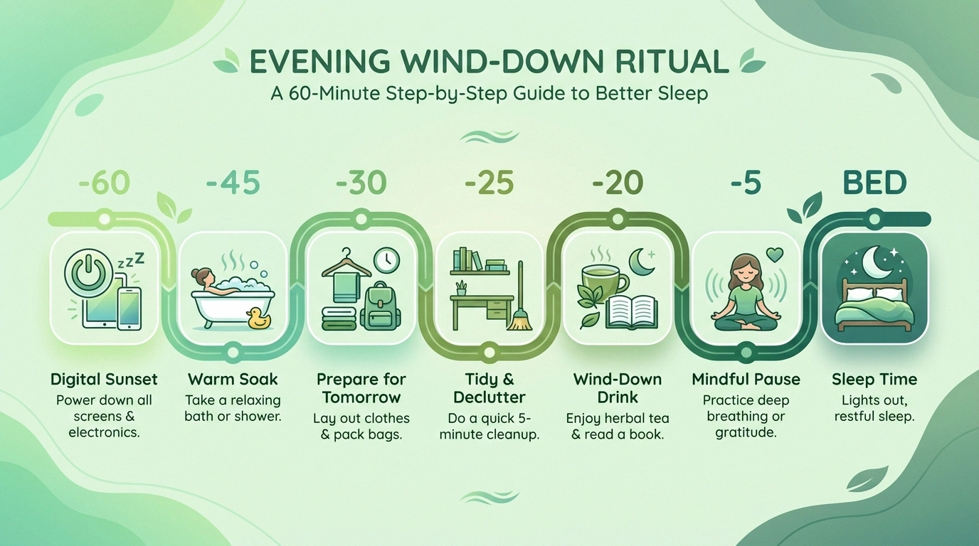 Horizontal seven-step timeline showing the 60-minute pre-bed warming routine for cold feet with neuropathy