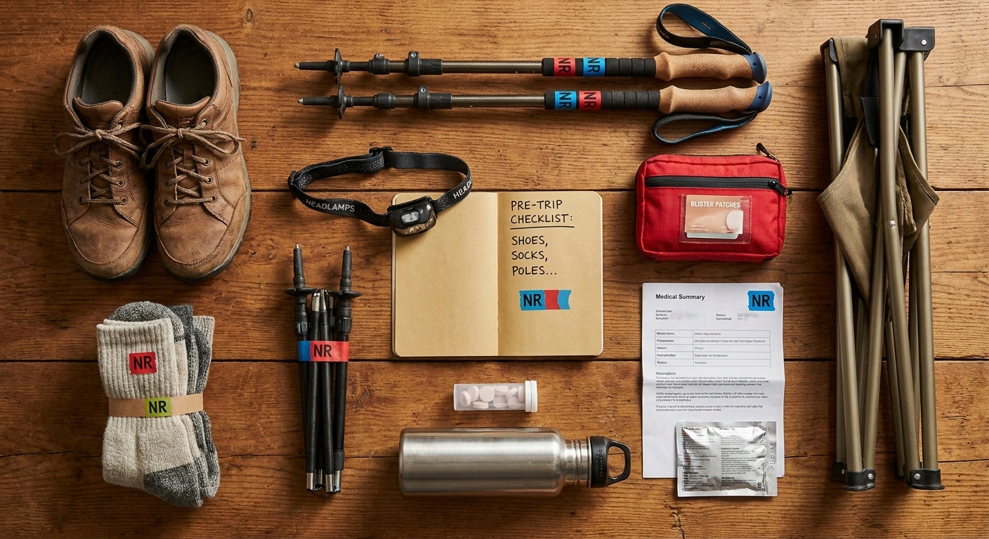Flat-lay arrangement of camping gear including closed-toe shoes wool socks trekking poles headlamp water bottle electrolyte tablets first-aid kit medical summary and a checklist notebook ready for a safe trip with neuropathy.