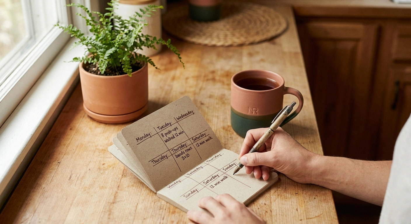 Close up of a person's hand writing in a weekly progress notebook tracking exercise reps and walking minutes as a way to stay consistent with neuropathy muscle preservation.