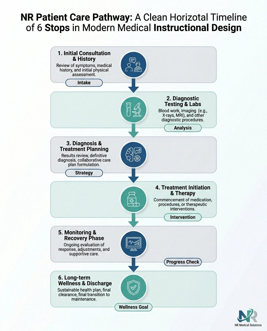 Horizontal timeline infographic showing the six stages of a Qutenza appointment from arrival to completion in 2-3 hours