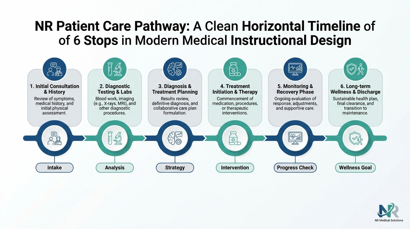 Horizontal timeline infographic showing the six stages of a Qutenza appointment from arrival to completion in 2-3 hours