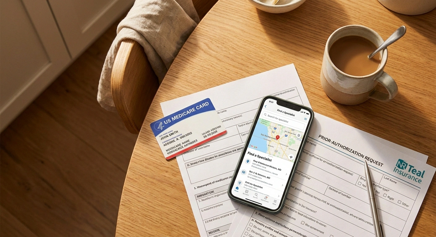 Medicare card, prior authorization form, and a phone showing a specialist search on a kitchen table