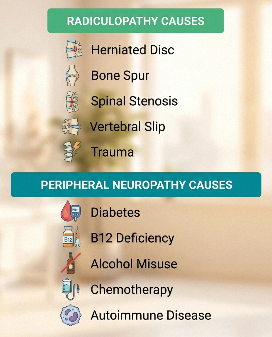 Side-by-side infographic comparing the structural causes of radiculopathy with the metabolic, toxic, and autoimmune causes of peripheral neuropathy