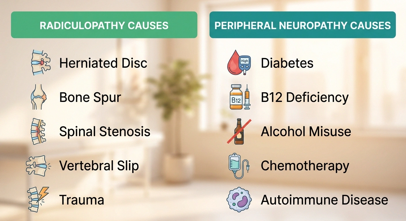 Side-by-side infographic comparing the structural causes of radiculopathy with the metabolic, toxic, and autoimmune causes of peripheral neuropathy