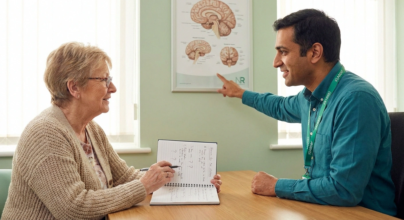 Patient discussing radiculopathy vs neuropathy diagnosis with a neurologist, holding a notebook with prepared questions to ask about symptom pattern and testing
