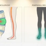 Side-by-side anatomical comparison showing radiculopathy (one-sided dermatomal pattern from pinched spinal nerve root) vs peripheral neuropathy (symmetric stocking pattern in both feet)