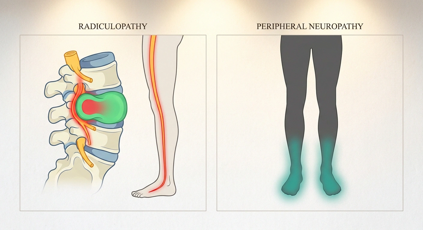 Side-by-side anatomical comparison showing radiculopathy (one-sided dermatomal pattern from pinched spinal nerve root) vs peripheral neuropathy (symmetric stocking pattern in both feet)