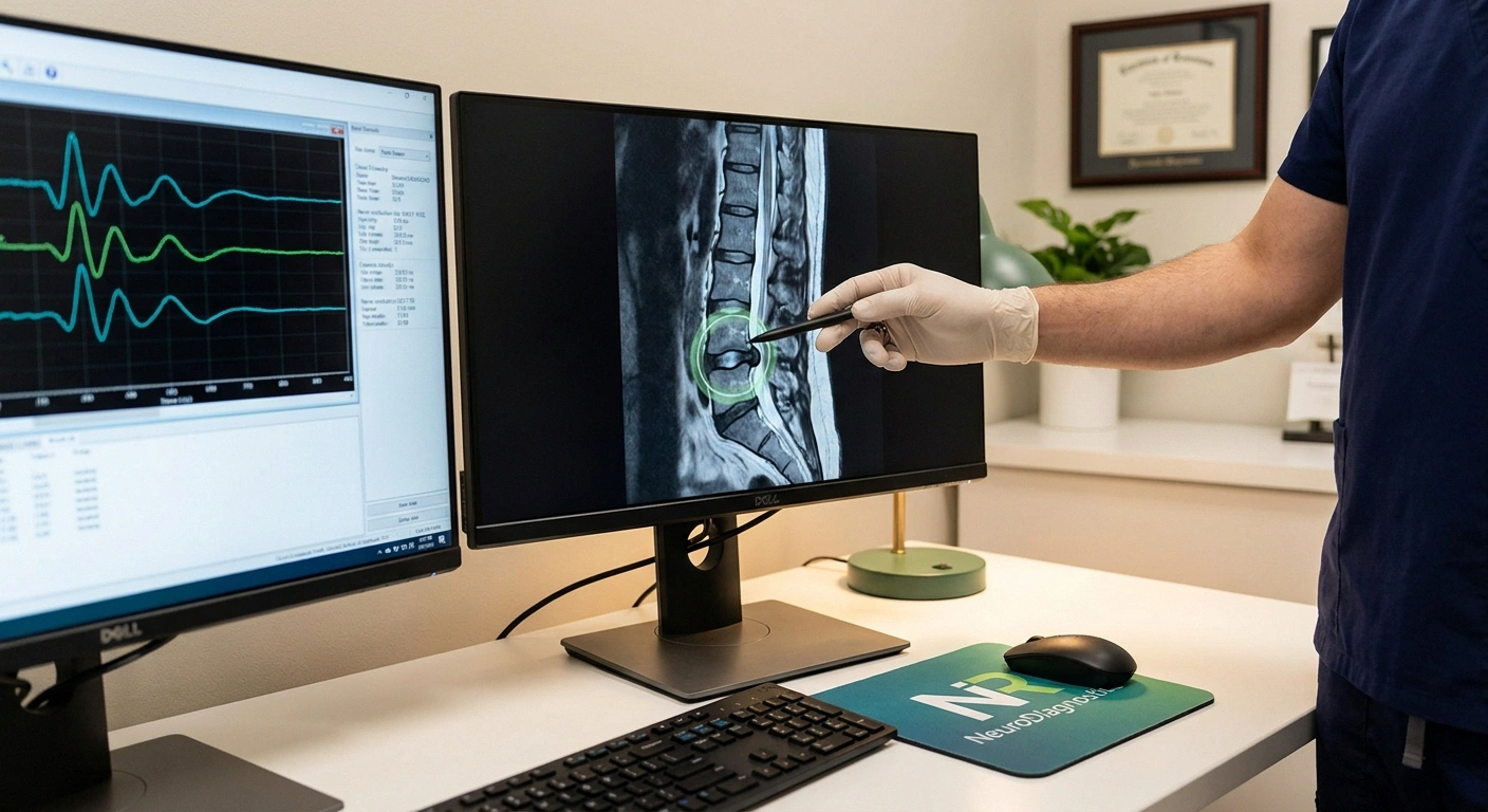 Clinical diagnostic workstation with a lumbar MRI showing nerve root compression and a nerve conduction study tracing — the two tests that distinguish radiculopathy from peripheral neuropathy