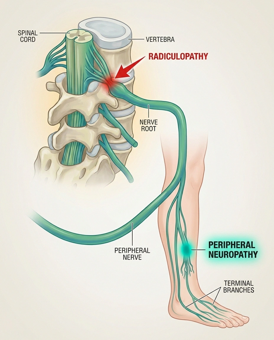 Anatomical diagram showing where radiculopathy (damage at spinal nerve root) and peripheral neuropathy (damage along the nerve) occur on the nerve pathway