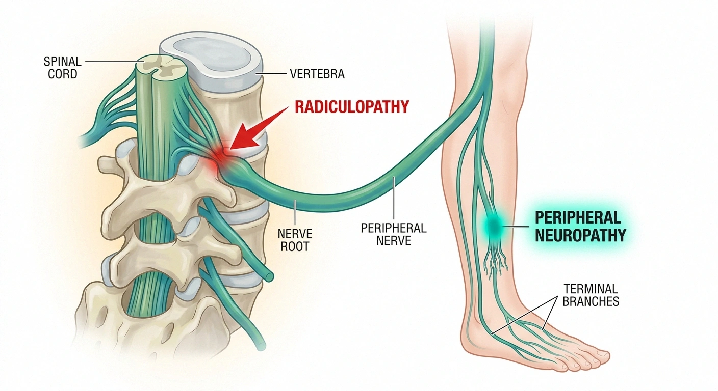 Anatomical diagram showing where radiculopathy (damage at spinal nerve root) and peripheral neuropathy (damage along the nerve) occur on the nerve pathway