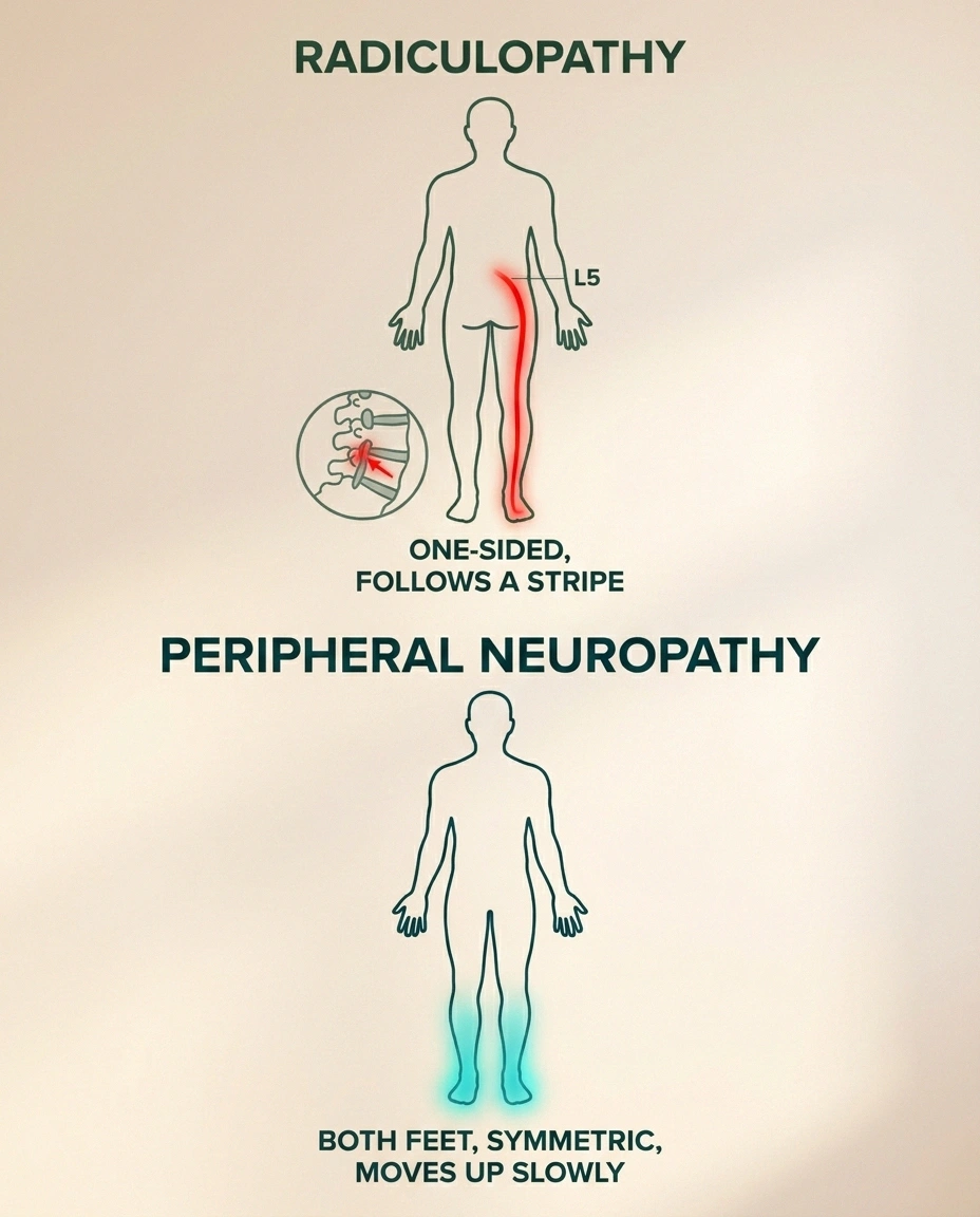 Body diagrams comparing the dermatomal stripe pattern of radiculopathy versus the symmetric stocking-glove pattern of peripheral neuropathy