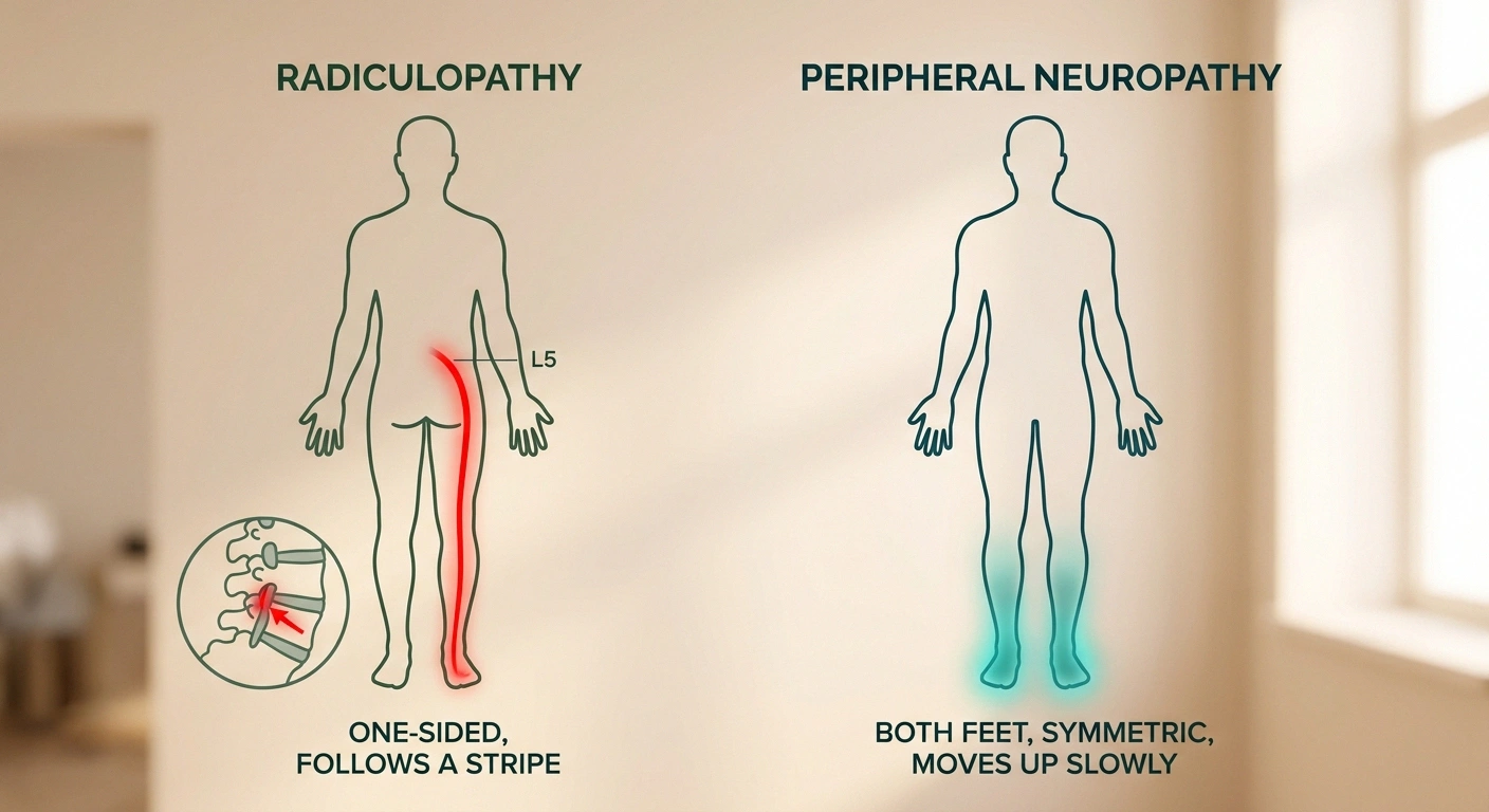 Body diagrams comparing the dermatomal stripe pattern of radiculopathy versus the symmetric stocking-glove pattern of peripheral neuropathy