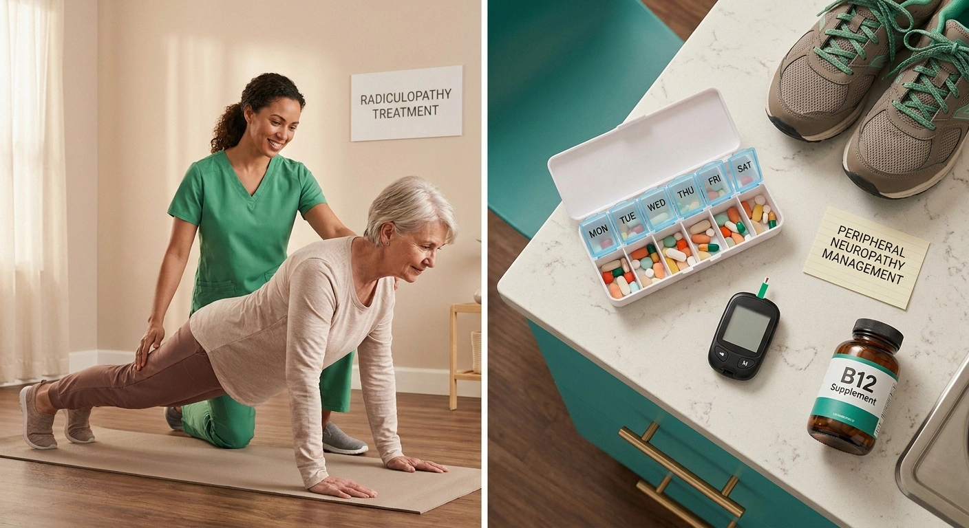 Two treatment paths compared — physical therapy for radiculopathy versus medication management plus lifestyle for peripheral neuropathy