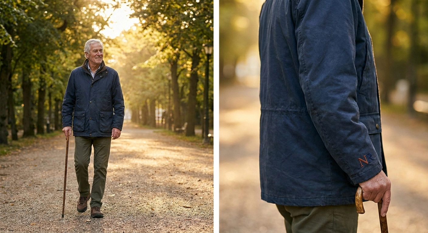 Older man walking confidently along a tree-lined park path in golden afternoon light representing recovery after heavy metal neuropathy treatment.