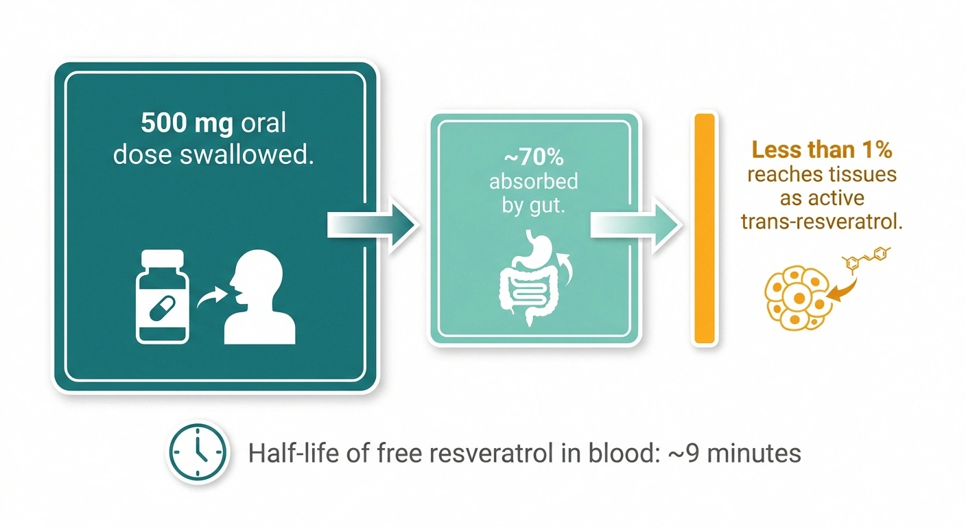 Three-bar diagram showing 500mg dose dropping to less than 1% active resveratrol in tissues