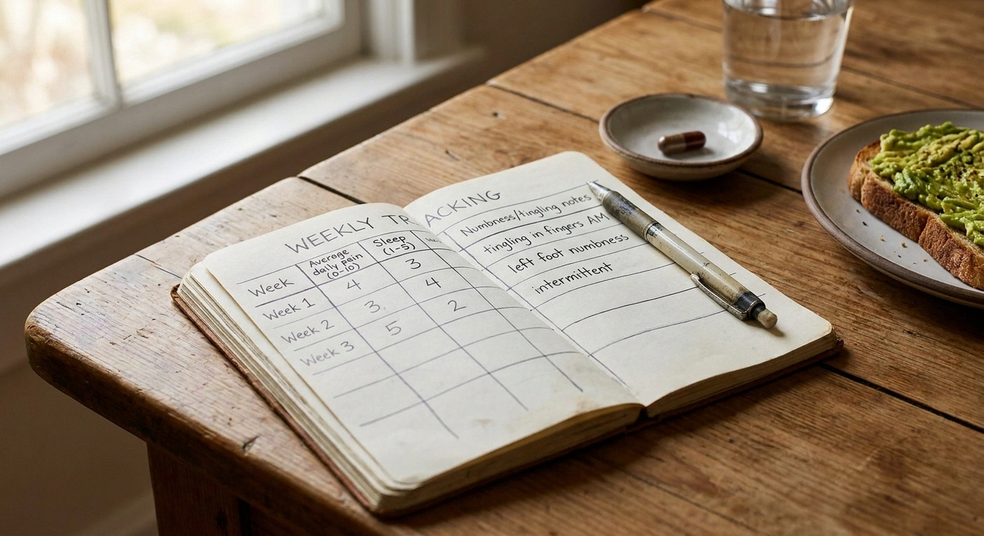 Open notebook tracking pain and sleep weekly beside a resveratrol capsule, water, and avocado toast