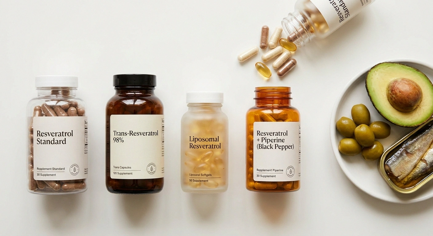 Four resveratrol supplement bottles side by side — standard, trans, liposomal, with piperine — next to fat-containing foods