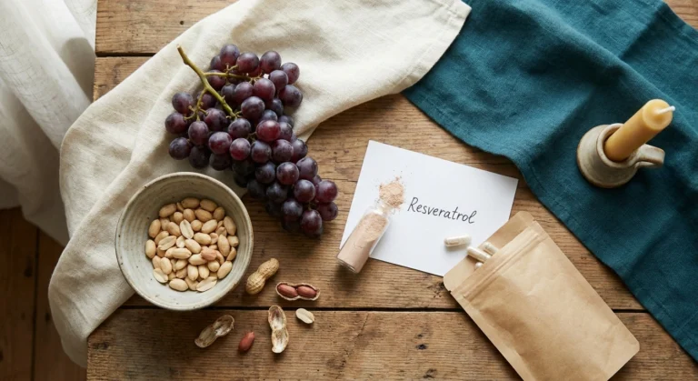 Overhead flat-lay of dark grapes, raw peanuts, a small vial of resveratrol powder, and supplement capsules on a wooden table