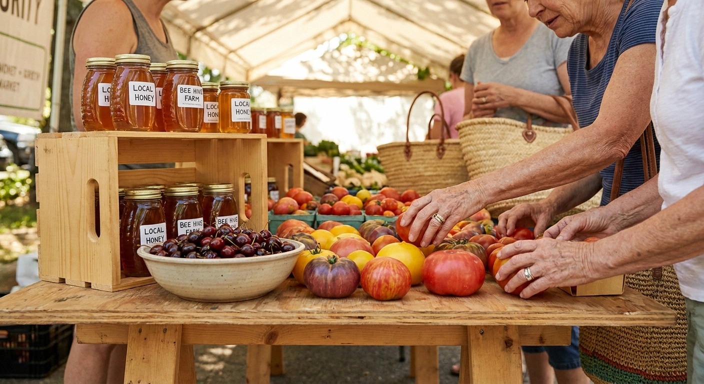 Farmers market table with heirloom tomatoes, cherries, and honey jars with two women's hands handling produce