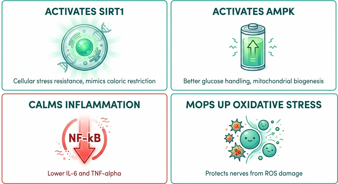 Four-quadrant diagram of resveratrol mechanisms — SIRT1, AMPK, anti-inflammatory, antioxidant