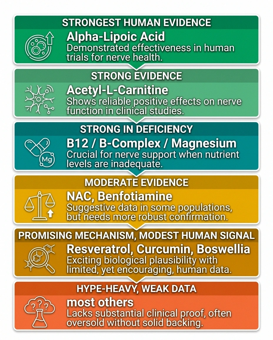 Tier-list diagram of antioxidant neuropathy supplements ranked by human evidence strength