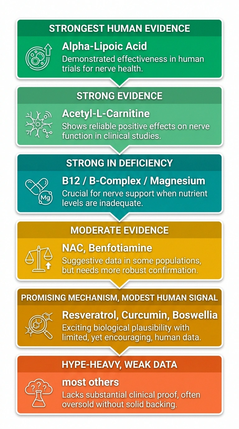 Tier-list diagram of antioxidant neuropathy supplements ranked by human evidence strength