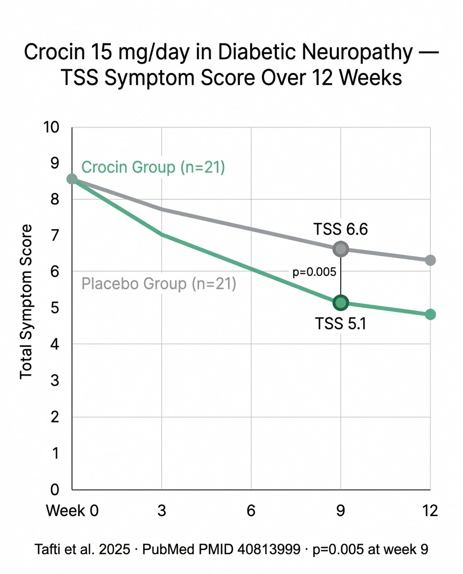 Chart showing crocin group symptoms dropping more than placebo group over 12 weeks in 2025 diabetic neuropathy trial