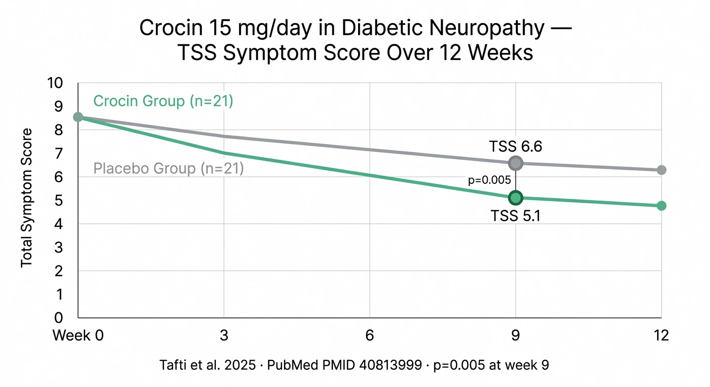 Chart showing crocin group symptoms dropping more than placebo group over 12 weeks in 2025 diabetic neuropathy trial
