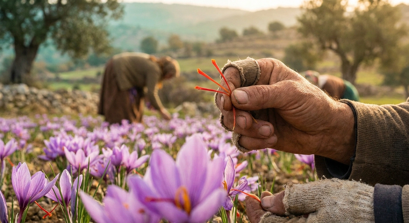 Field of purple Crocus sativus flowers with hand harvesting the three crimson saffron stigmas