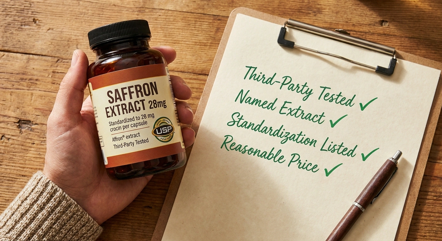 Hand holding a third-party tested standardized saffron extract bottle next to a checklist with green checkmarks