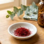 Bright crimson saffron threads in a white dish next to a bottle of standardized crocin extract supplement capsules