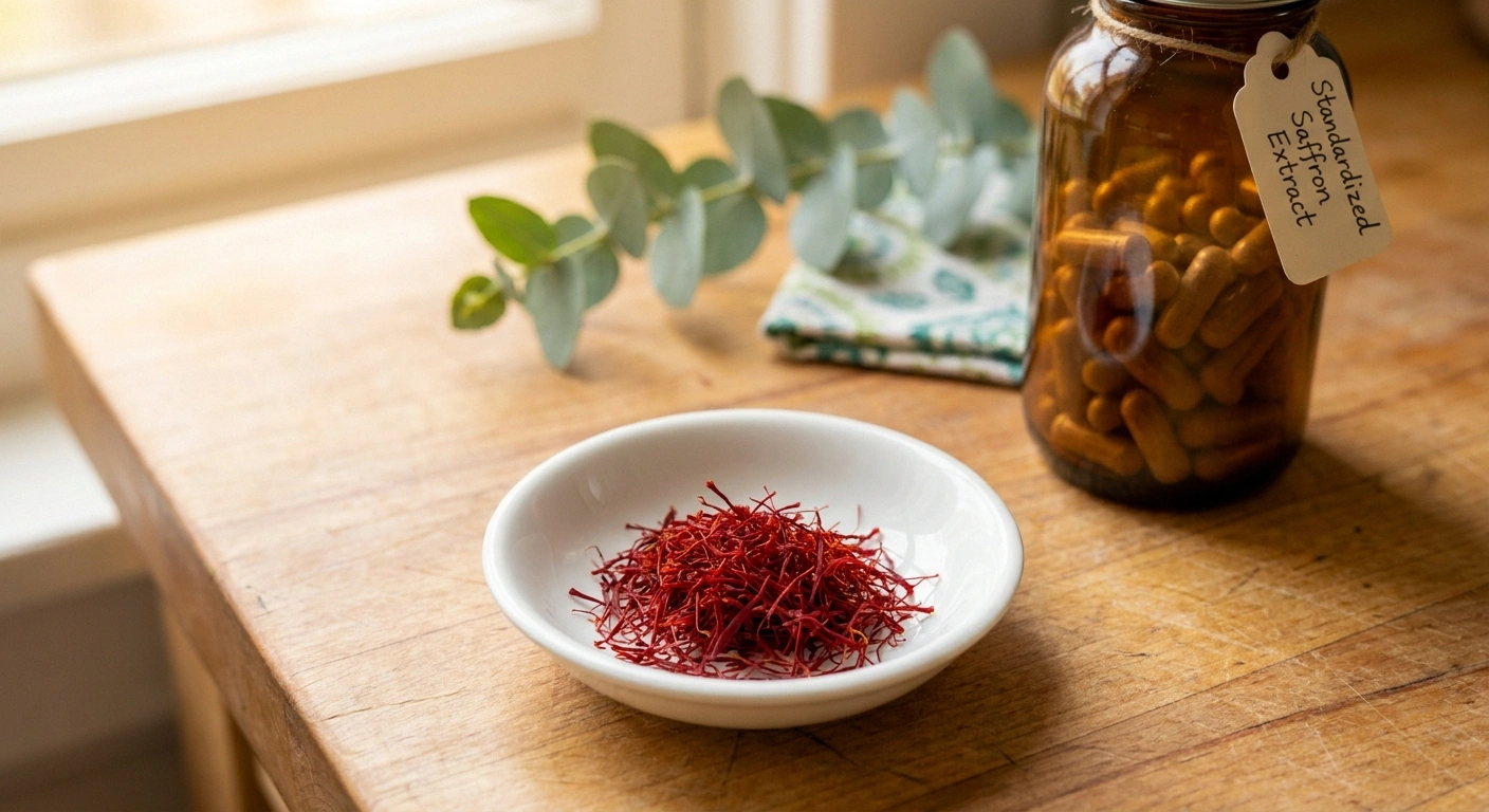 Bright crimson saffron threads in a white dish next to a bottle of standardized crocin extract supplement capsules