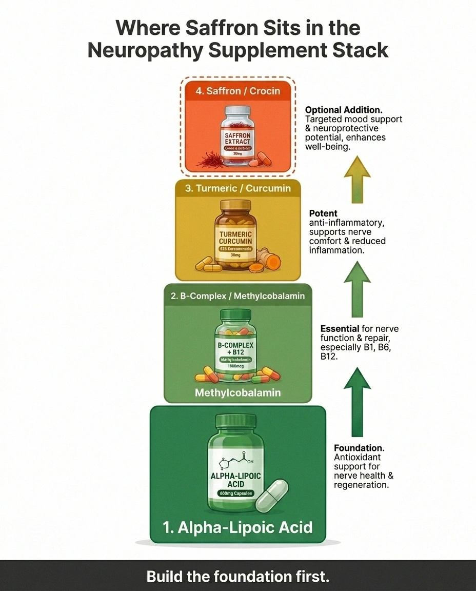 Stacked priority infographic showing alpha-lipoic acid as foundation, B-complex, turmeric, then saffron at top as optional addition