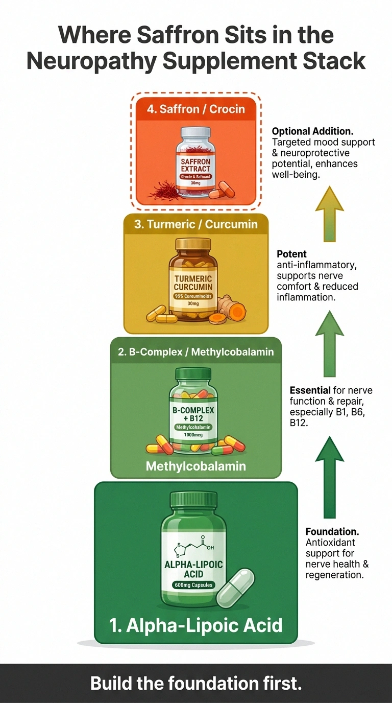 Stacked priority infographic showing alpha-lipoic acid as foundation, B-complex, turmeric, then saffron at top as optional addition