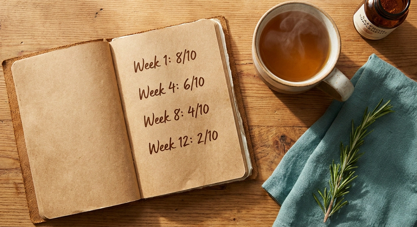 Open notebook with handwritten 12-week symptom diary entries next to a cup of chamomile tea and a saffron supplement bottle