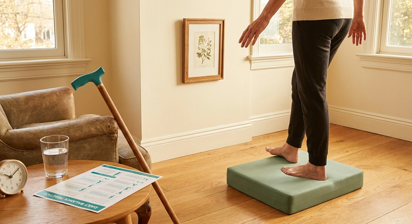 A person on a foam balance pad with a fixed gaze target on the wall, with a cane, exercise sheet, and water beside — a daily balance rehab session for sensory ataxia.