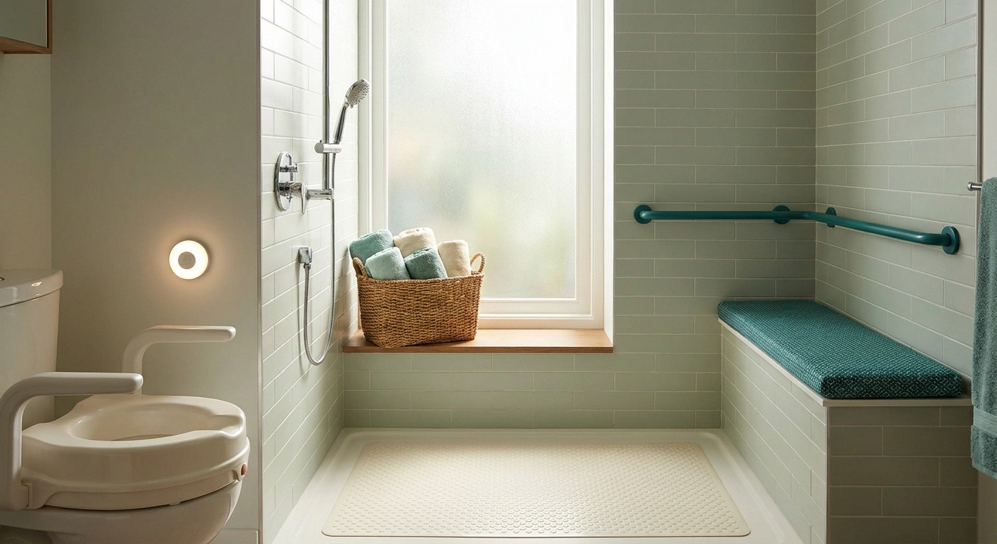 A bathroom equipped for sensory ataxia safety with a grab bar, shower bench, handheld wand, non-slip mat, raised toilet seat, and motion-activated nightlight — the low-cost daily adaptations that prevent the highest-risk falls.