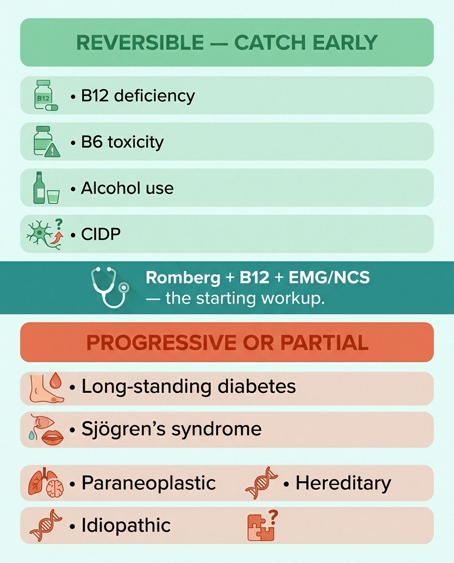 Two-column infographic listing reversible causes of sensory ataxia (B12 deficiency, B6 toxicity, alcohol, CIDP) versus progressive causes (long-standing diabetes, Sjögren's, paraneoplastic, hereditary, idiopathic), with the starting workup in the center.