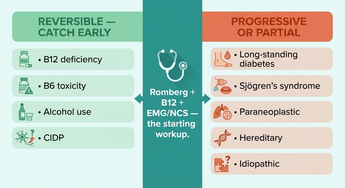 Two-column infographic listing reversible causes of sensory ataxia (B12 deficiency, B6 toxicity, alcohol, CIDP) versus progressive causes (long-standing diabetes, Sjögren's, paraneoplastic, hereditary, idiopathic), with the starting workup in the center.